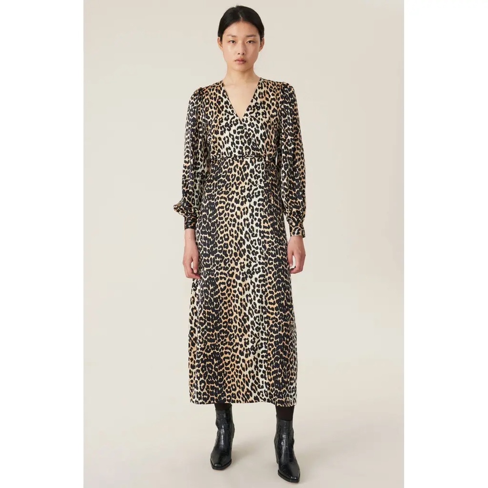 NWT Ganni Silk Leopard Print Wrap Dress Size 38